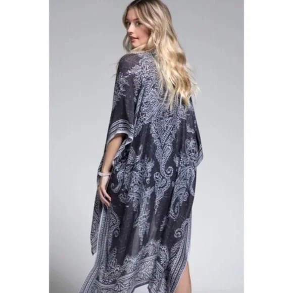 Earl Gray Bohemian Damask Paisley Printed Open Kimono Coverup Wrap - Picture 4 of 4